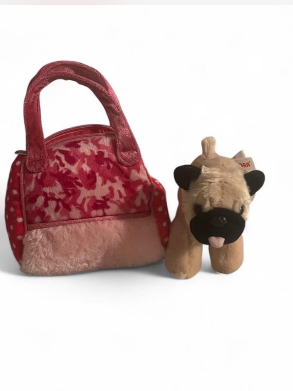 Aurora Plush Pink Handbag with Tan pug Stuffed Animal - Kids Toy Set
